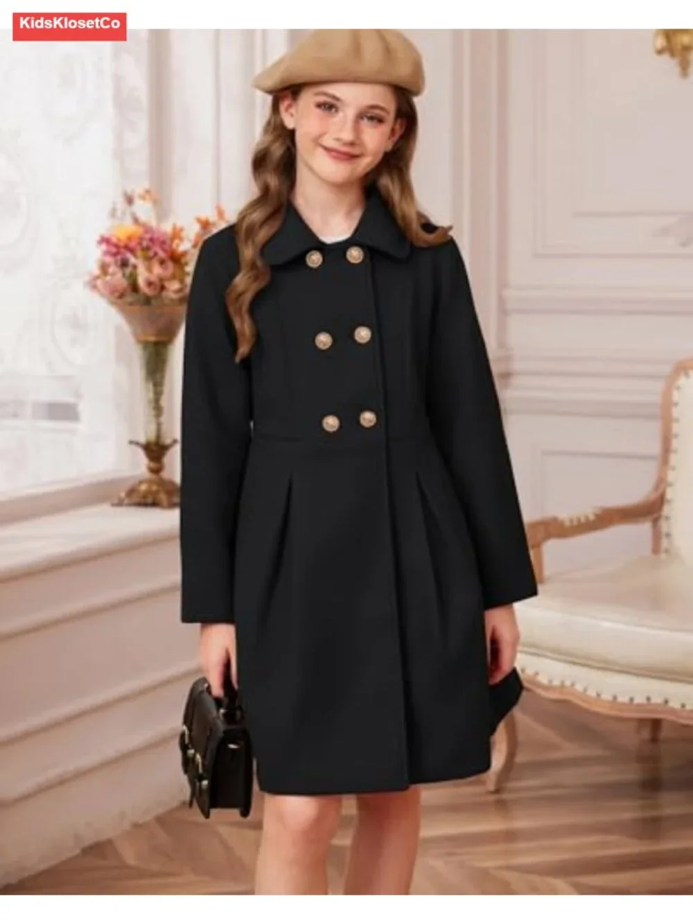 Girls Wool Peacoat with Lapel Pockets Winter Long Jacket Kids Size 6-14